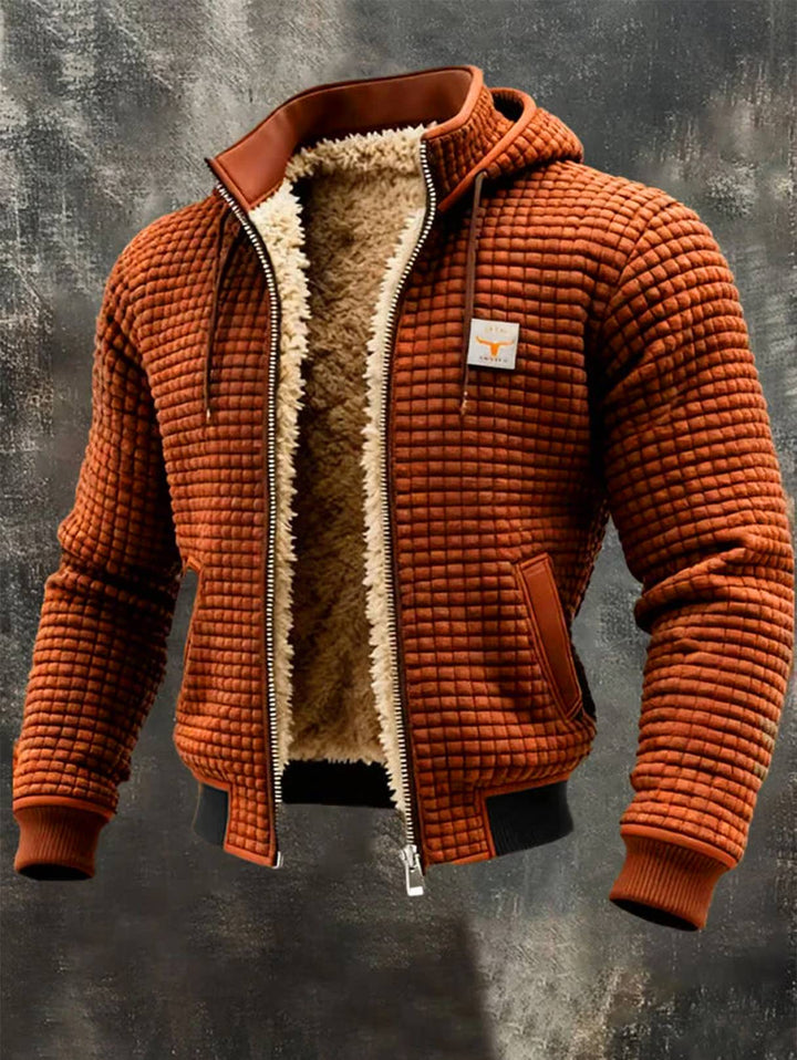 Gerald hooded waffle bomber jacket in rust brown, front view